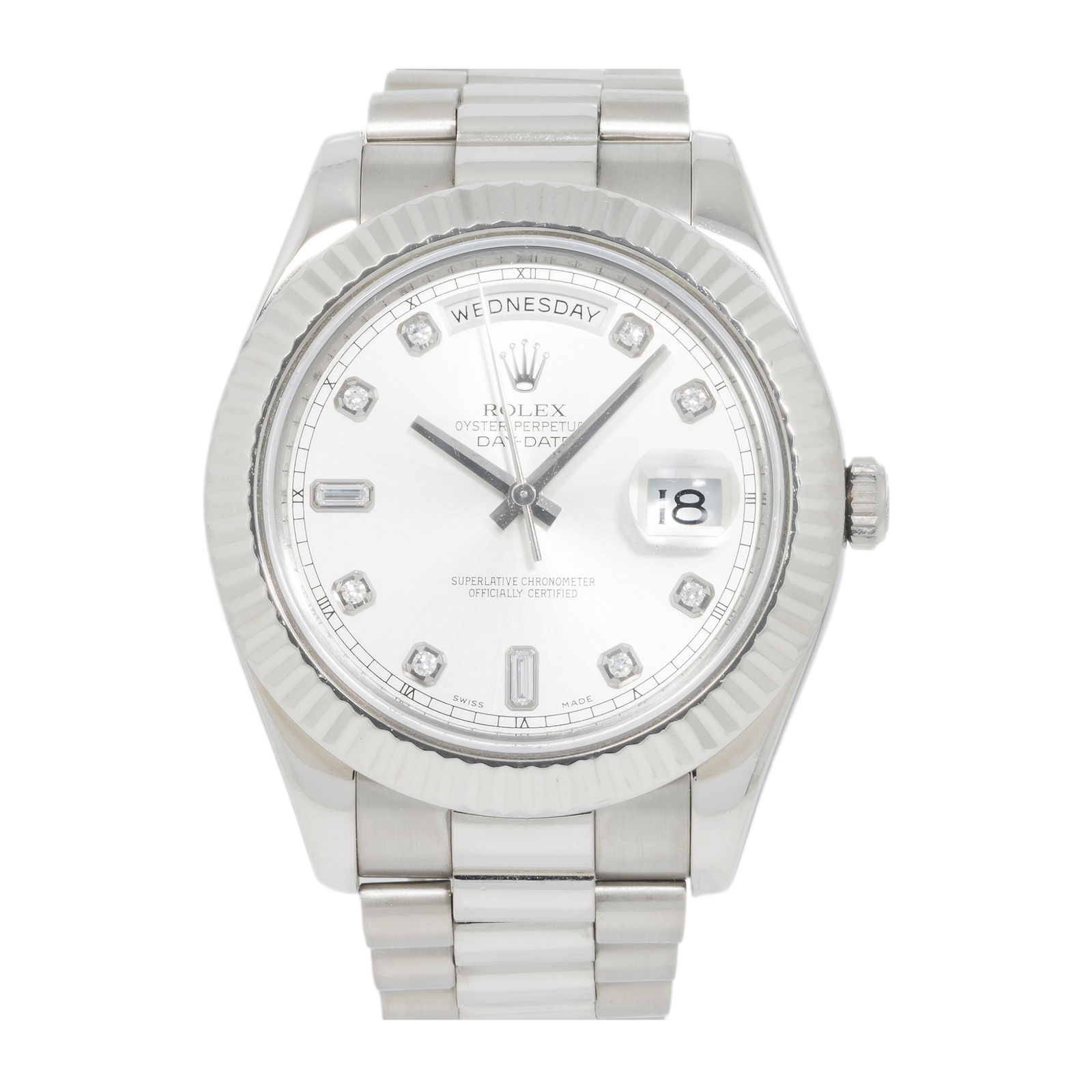 Pre-Owned-Rolex-18K-White-41mm-Gold-Day-Date-II-with-Silver-Baguette-and-Diamond-Dial-President-Braclet-JD-Watches-NY.png Rolex 18K White 41mm Gold Day-Date II with Silver Baguette and Diamond Dial, President Braclet - 图片 1