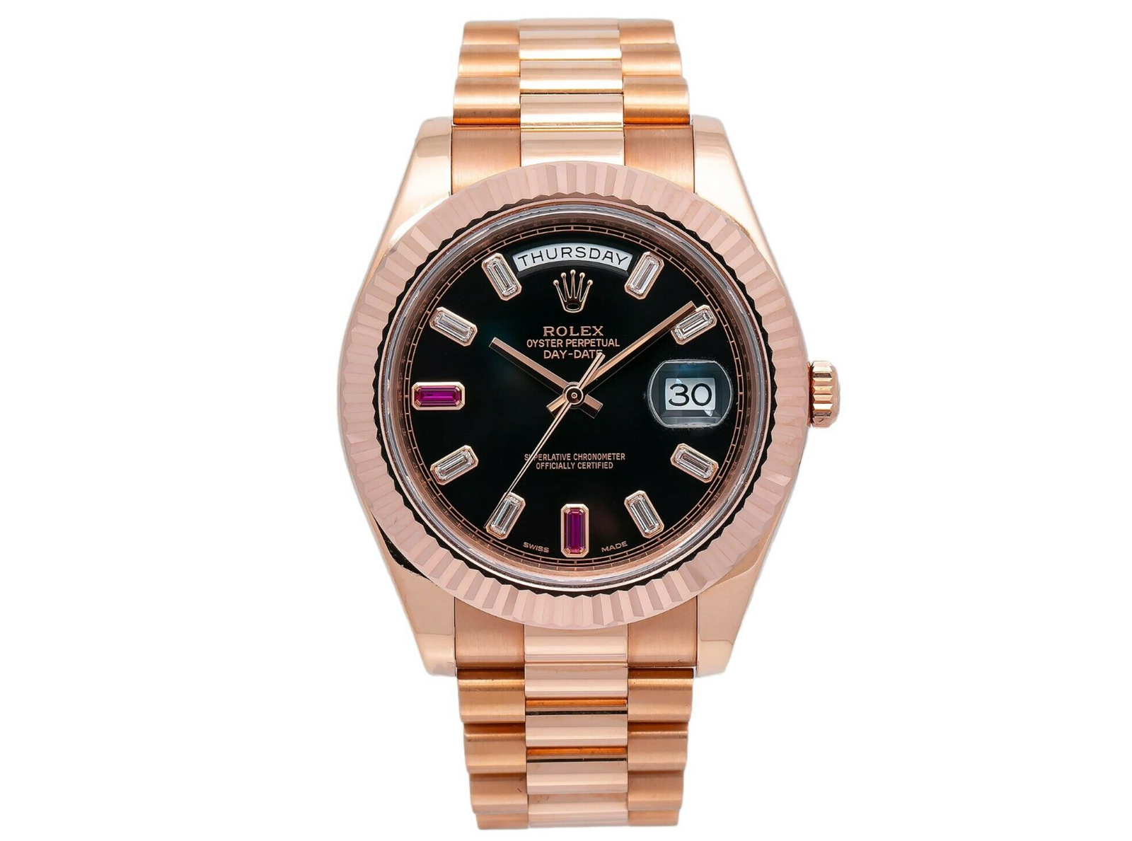 Pre-Owned-Rolex-Day-Date-II-41mm-218235-Black-Dial-with-Factory-Ruby-Diamond-Markers-18K-Rose-Gold-President-Bracelet-JD-Watches-NY.png Rolex Day-Date II 41mm 218235 – Black Dial with Factory Ruby & Diamond Markers – 18K Rose Gold President Bracelet - Image 1