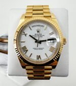 Rolex Day-Date 40 Yellow Gold White Roman Dial & Fluted Bezel President Bracelet 228238 -